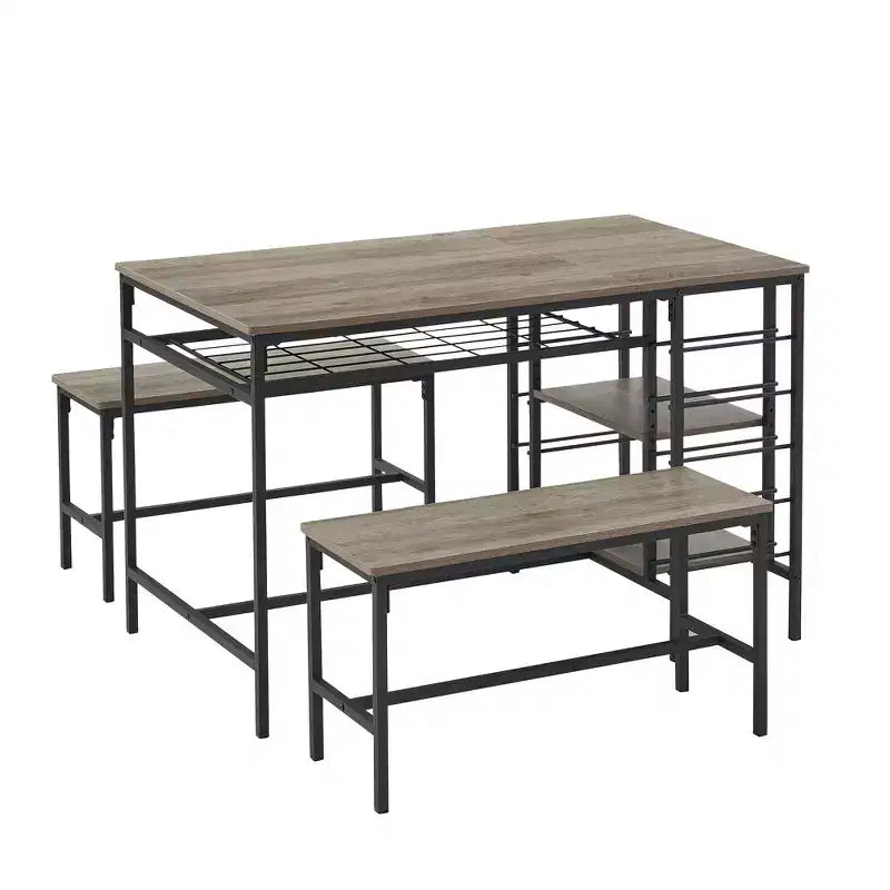 Ensemble de table à manger pour 4, table de cuisine avec 2 bancs, casier à vin et étagère de rangement, ensemble de table à manger rectangulaire, pour petits espaces, appartement, coin repas
