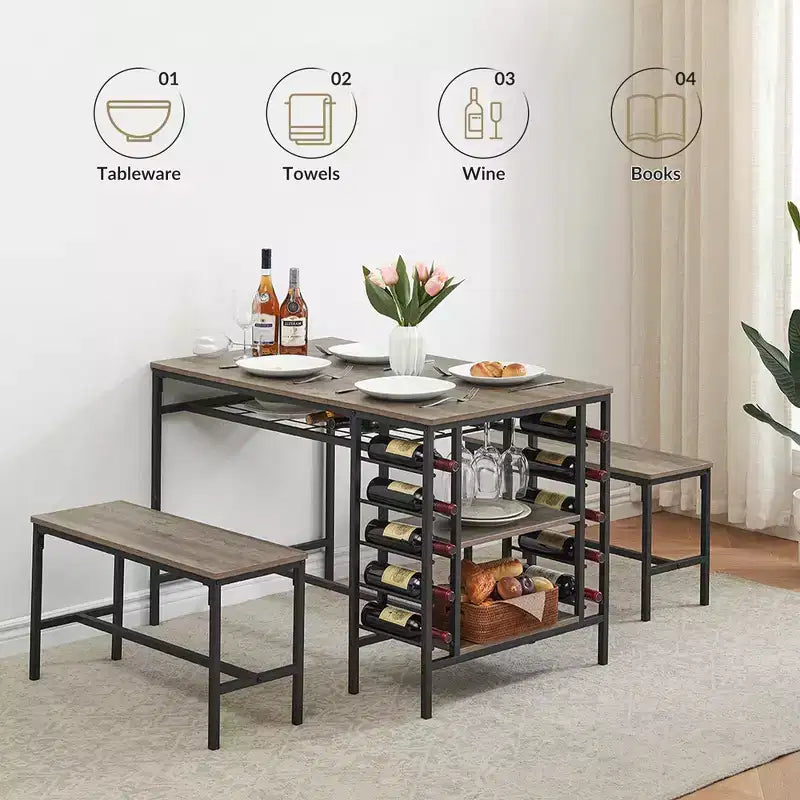 Ensemble de table à manger pour 4, table de cuisine avec 2 bancs, casier à vin et étagère de rangement, ensemble de table à manger rectangulaire, pour petits espaces, appartement, coin repas