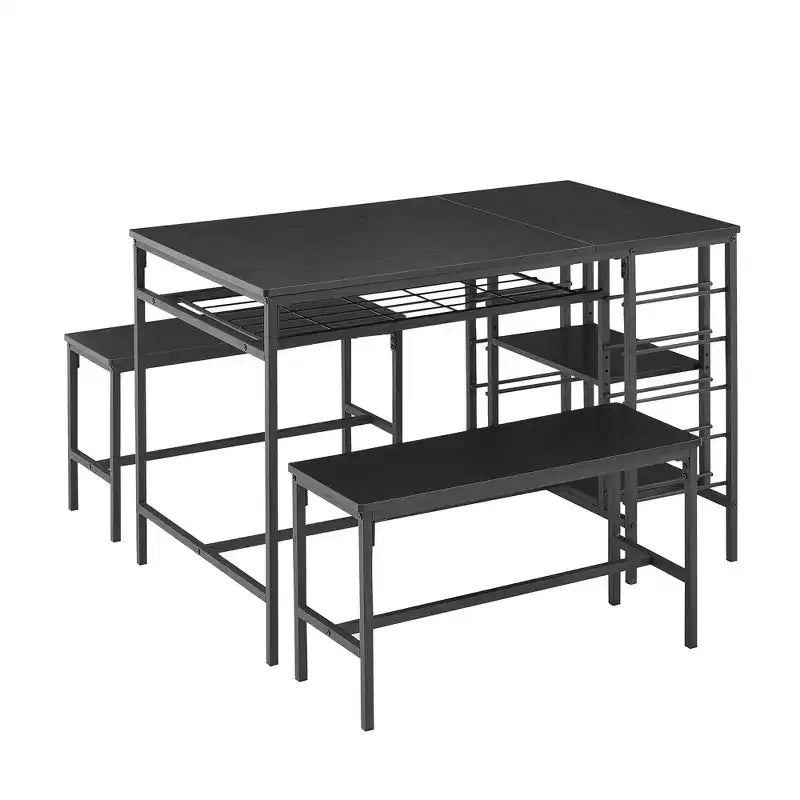 Ensemble de table à manger pour 4, table de cuisine avec 2 bancs, casier à vin et étagère de rangement, ensemble de table à manger rectangulaire, pour petits espaces, appartement, coin repas