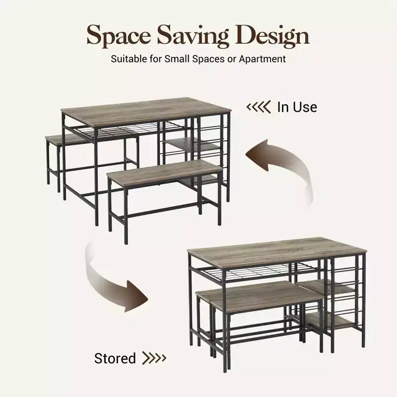 Ensemble de table à manger pour 4, table de cuisine avec 2 bancs, casier à vin et étagère de rangement, ensemble de table à manger rectangulaire, pour petits espaces, appartement, coin repas