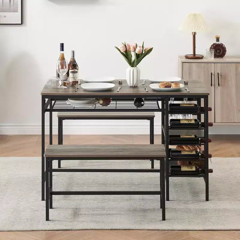 Ensemble de table à manger pour 4, table de cuisine avec 2 bancs, casier à vin et étagère de rangement, ensemble de table à manger rectangulaire, pour petits espaces, appartement, coin repas