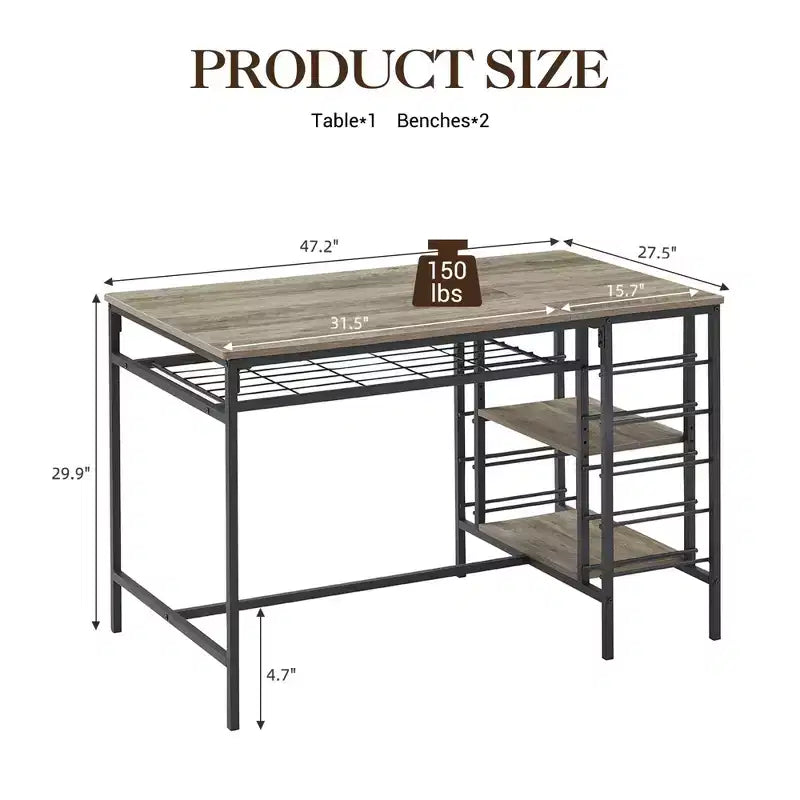 Ensemble de table à manger pour 4, table de cuisine avec 2 bancs, casier à vin et étagère de rangement, ensemble de table à manger rectangulaire, pour petits espaces, appartement, coin repas