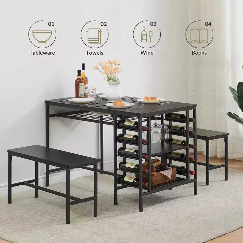 Ensemble de table à manger pour 4, table de cuisine avec 2 bancs, casier à vin et étagère de rangement, ensemble de table à manger rectangulaire, pour petits espaces, appartement, coin repas