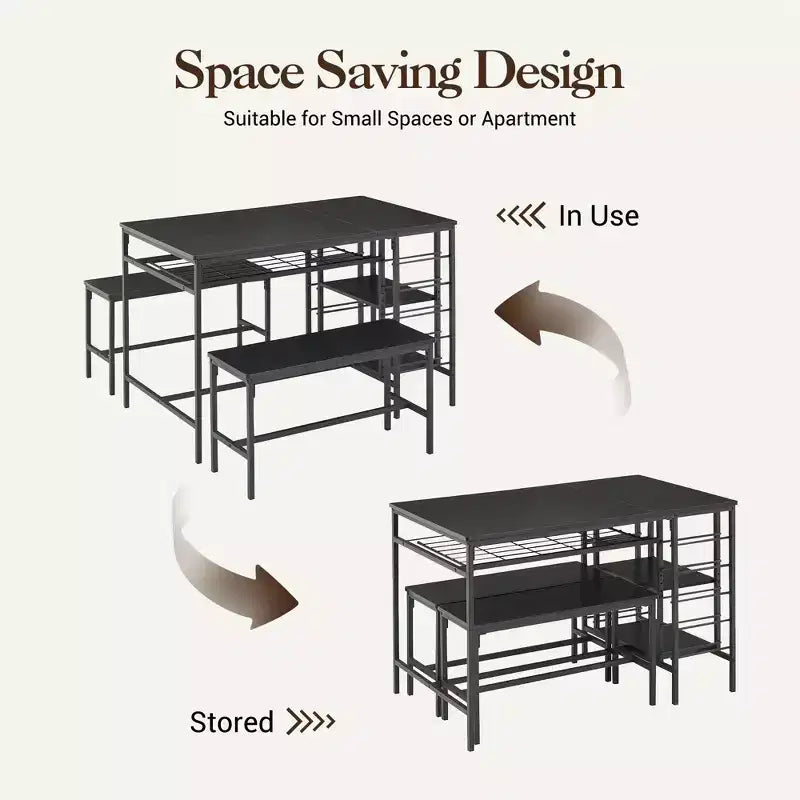 Ensemble de table à manger pour 4, table de cuisine avec 2 bancs, casier à vin et étagère de rangement, ensemble de table à manger rectangulaire, pour petits espaces, appartement, coin repas