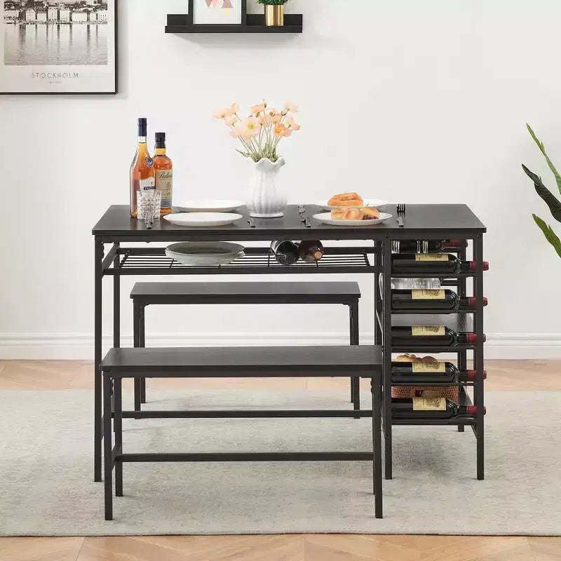 Ensemble de table à manger pour 4, table de cuisine avec 2 bancs, casier à vin et étagère de rangement, ensemble de table à manger rectangulaire, pour petits espaces, appartement, coin repas