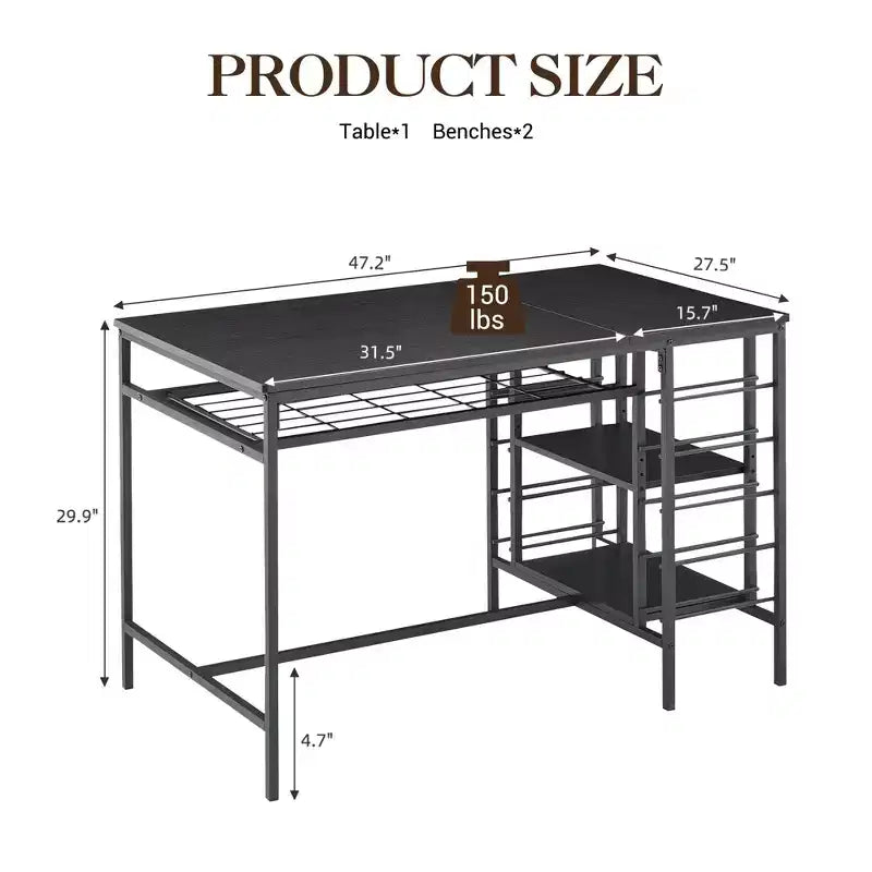Ensemble de table à manger pour 4, table de cuisine avec 2 bancs, casier à vin et étagère de rangement, ensemble de table à manger rectangulaire, pour petits espaces, appartement, coin repas