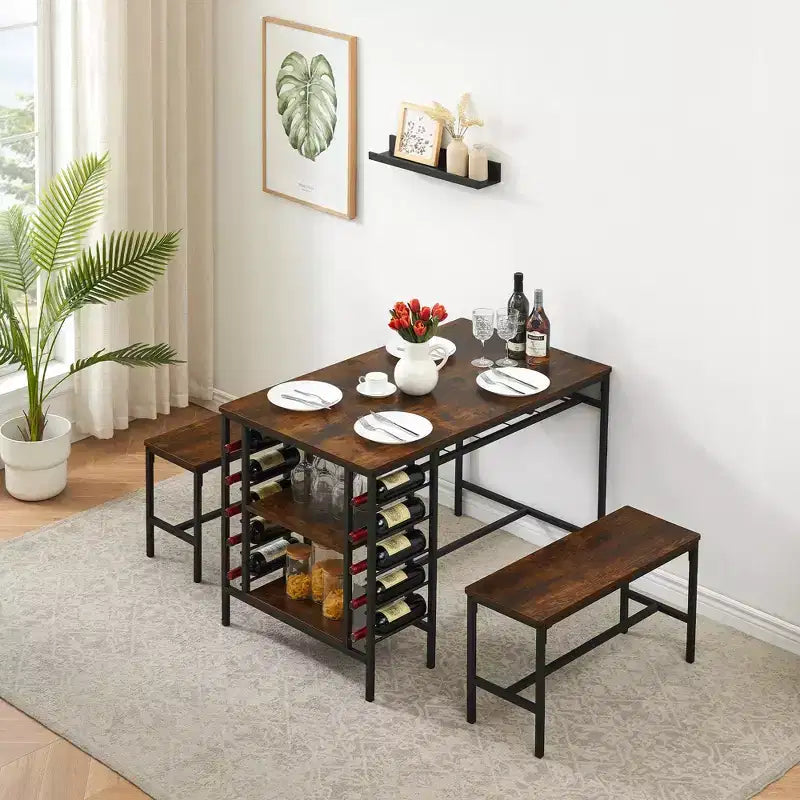 Ensemble de table à manger pour 4, table de cuisine avec 2 bancs, casier à vin et étagère de rangement, ensemble de table à manger rectangulaire, pour petits espaces, appartement, coin repas