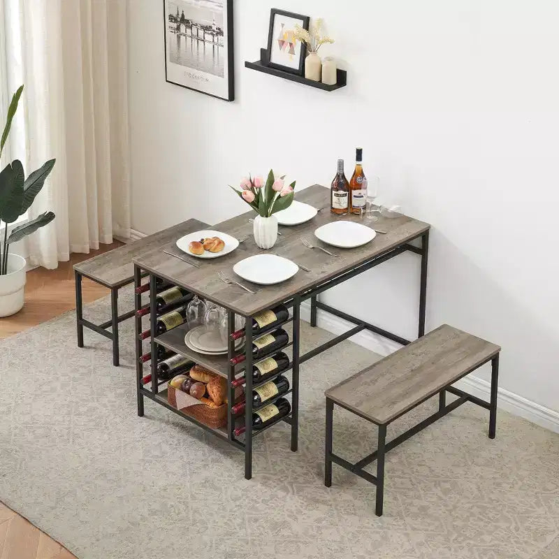 Ensemble de table à manger pour 4, table de cuisine avec 2 bancs, casier à vin et étagère de rangement, ensemble de table à manger rectangulaire, pour petits espaces, appartement, coin repas