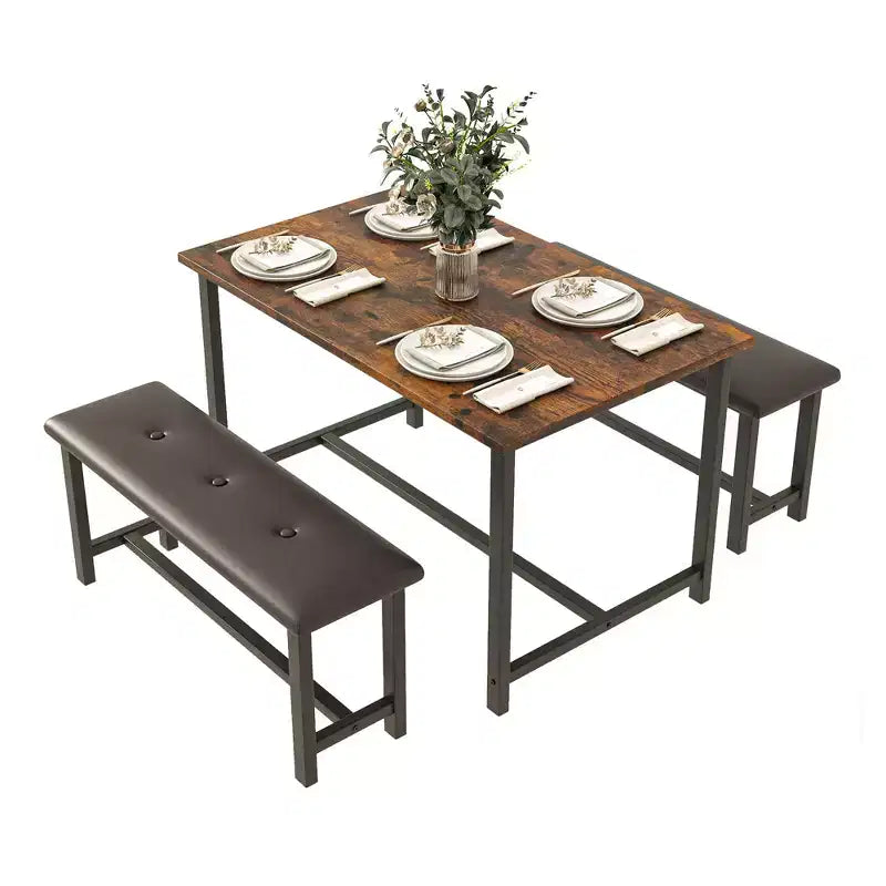 Kitchen Table Set with 2 Upholstered Benches for 4, Dining Room Metal and Wood Rectangular Table Set for Small Space, Apartment