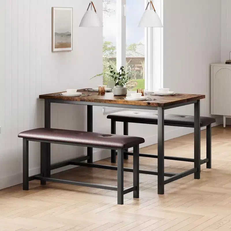 Kitchen Table Set with 2 Upholstered Benches for 4, Dining Room Metal and Wood Rectangular Table Set for Small Space, Apartment