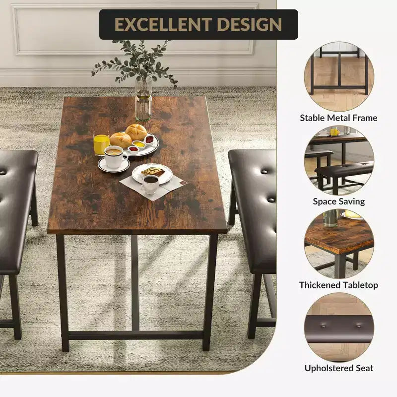 Kitchen Table Set with 2 Upholstered Benches for 4, Dining Room Metal and Wood Rectangular Table Set for Small Space, Apartment
