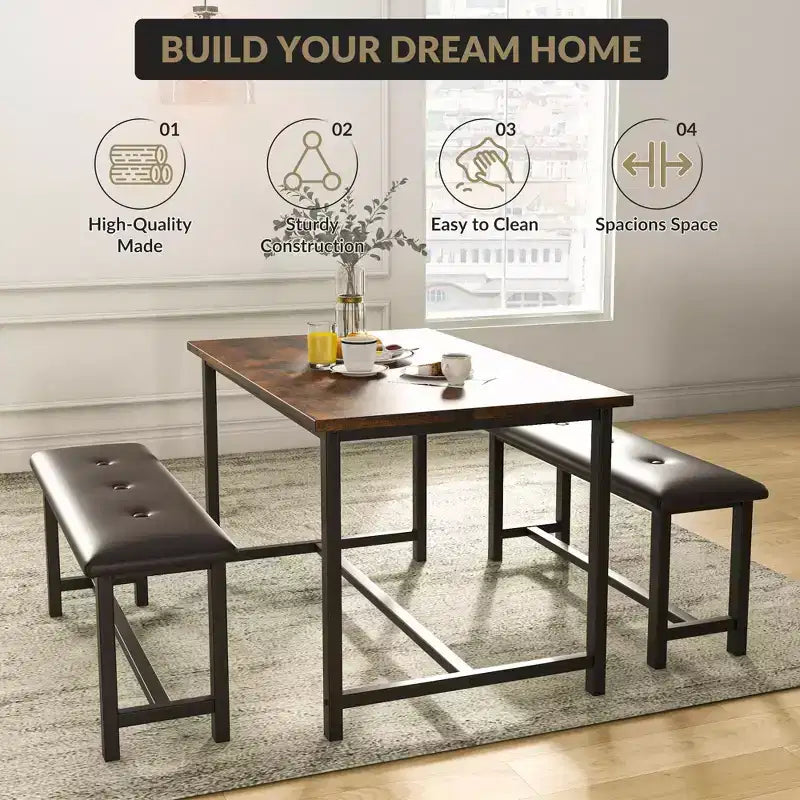 Kitchen Table Set with 2 Upholstered Benches for 4, Dining Room Metal and Wood Rectangular Table Set for Small Space, Apartment