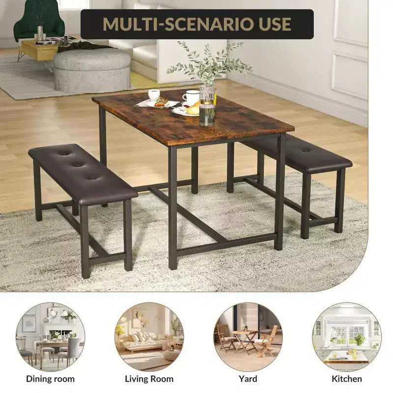 Kitchen Table Set with 2 Upholstered Benches for 4, Dining Room Metal and Wood Rectangular Table Set for Small Space, Apartment