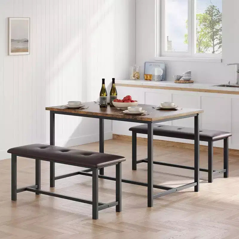Kitchen Table Set with 2 Upholstered Benches for 4, Dining Room Metal and Wood Rectangular Table Set for Small Space, Apartment