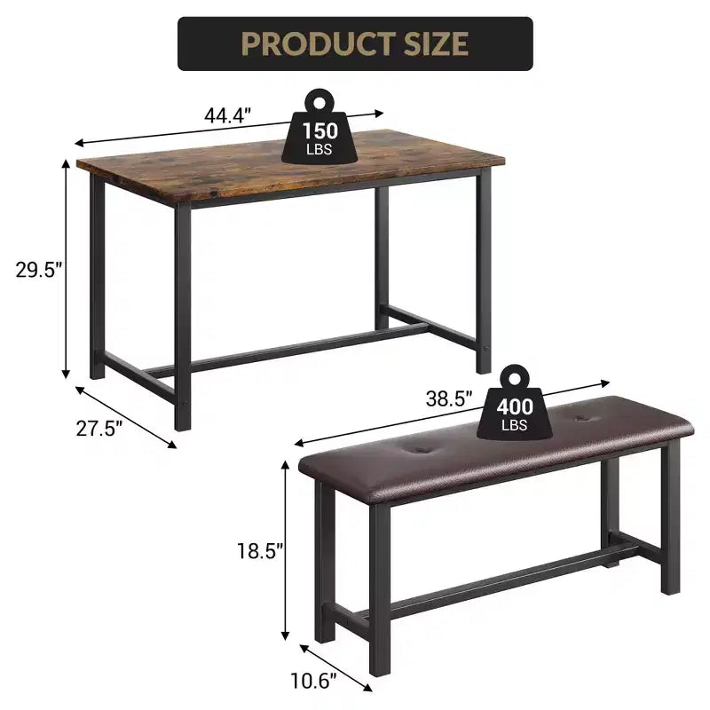 Kitchen Table Set with 2 Upholstered Benches for 4, Dining Room Metal and Wood Rectangular Table Set for Small Space, Apartment