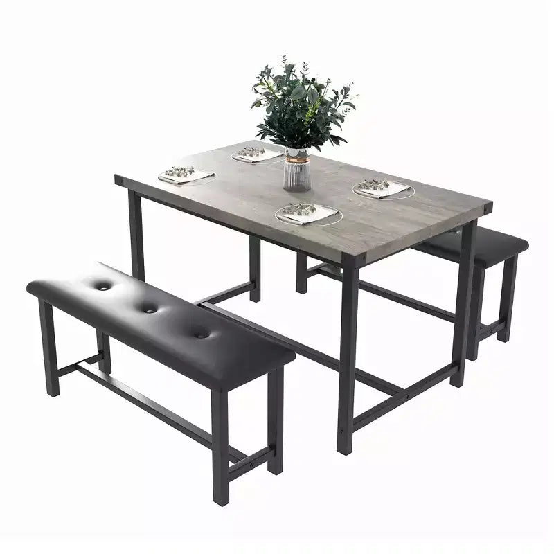 Kitchen Table Set with 2 Upholstered Benches for 4, Dining Room Metal and Wood Rectangular Table Set for Small Space, Apartment