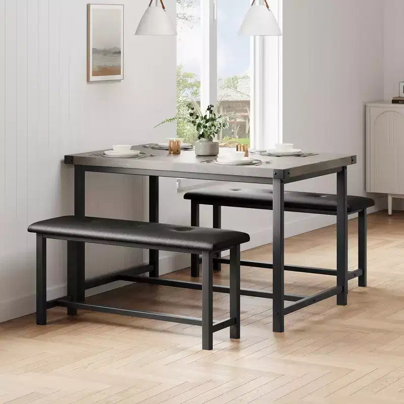 Kitchen Table Set with 2 Upholstered Benches for 4, Dining Room Metal and Wood Rectangular Table Set for Small Space, Apartment