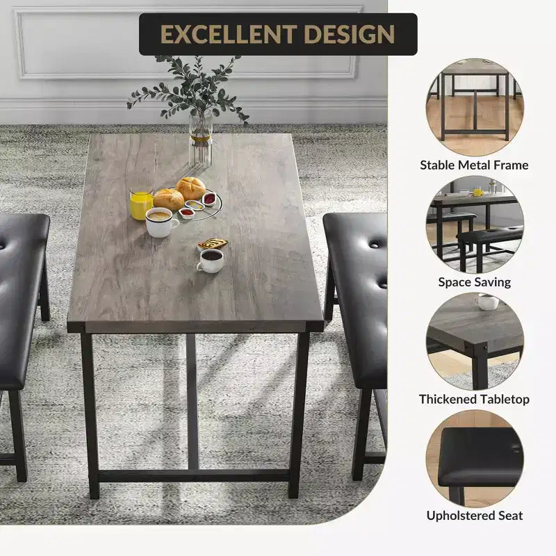 Kitchen Table Set with 2 Upholstered Benches for 4, Dining Room Metal and Wood Rectangular Table Set for Small Space, Apartment