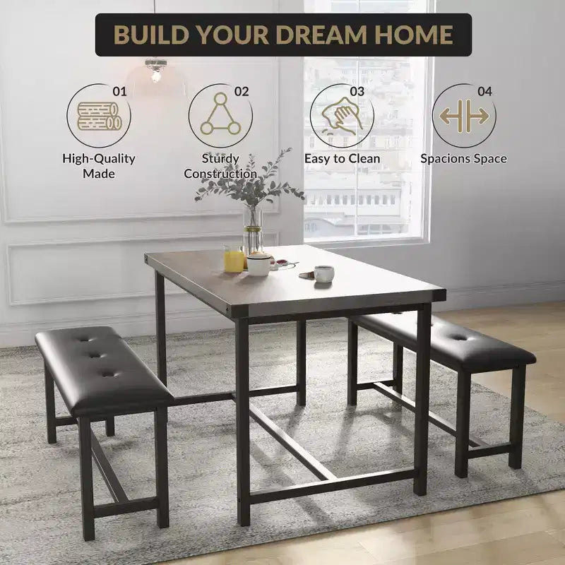 Kitchen Table Set with 2 Upholstered Benches for 4, Dining Room Metal and Wood Rectangular Table Set for Small Space, Apartment
