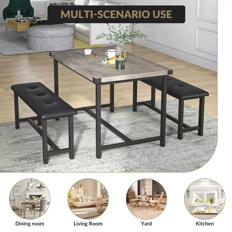 Kitchen Table Set with 2 Upholstered Benches for 4, Dining Room Metal and Wood Rectangular Table Set for Small Space, Apartment