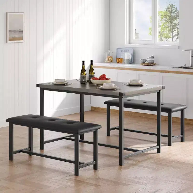 Kitchen Table Set with 2 Upholstered Benches for 4, Dining Room Metal and Wood Rectangular Table Set for Small Space, Apartment