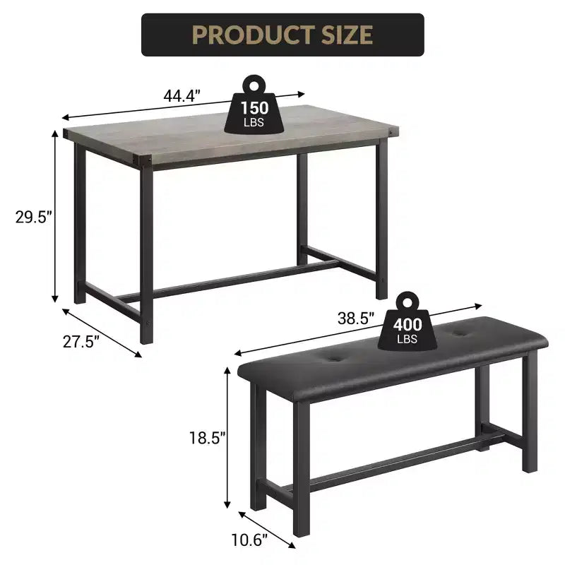 Kitchen Table Set with 2 Upholstered Benches for 4, Dining Room Metal and Wood Rectangular Table Set for Small Space, Apartment