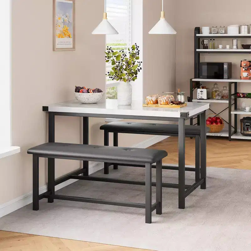 Kitchen Table Set with 2 Upholstered Benches for 4, Dining Room Metal and Wood Rectangular Table Set for Small Space, Apartment