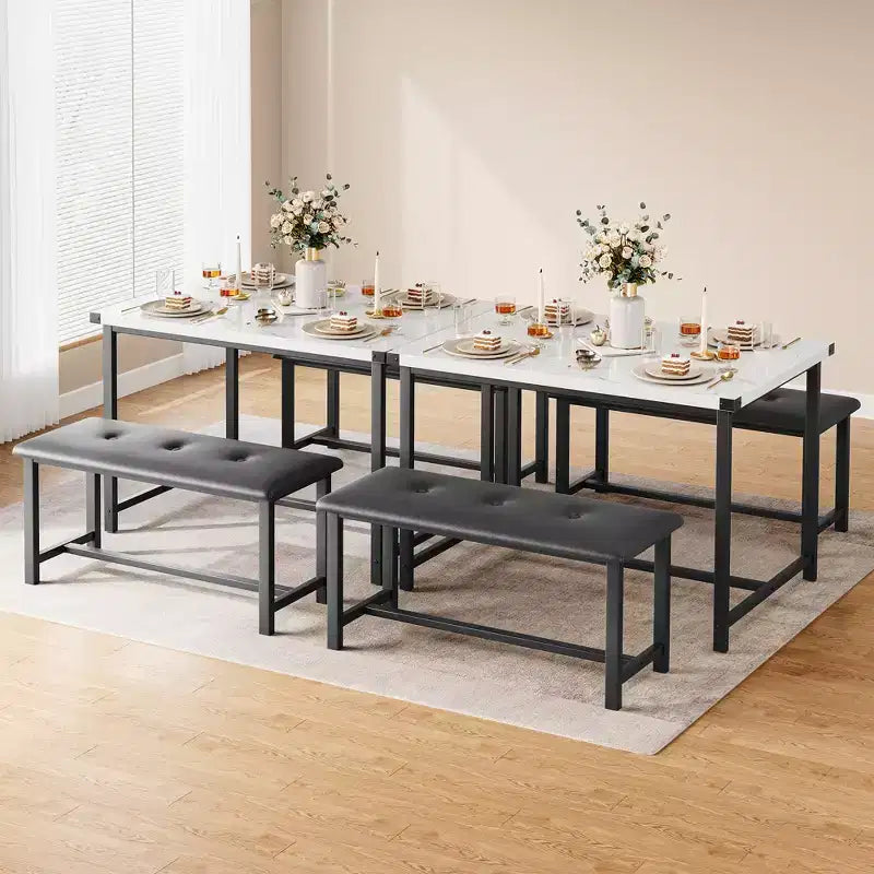 Kitchen Table Set with 2 Upholstered Benches for 4, Dining Room Metal and Wood Rectangular Table Set for Small Space, Apartment