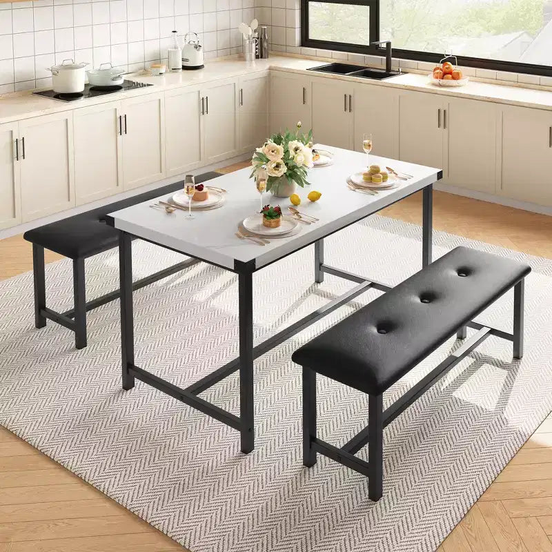 Kitchen Table Set with 2 Upholstered Benches for 4, Dining Room Metal and Wood Rectangular Table Set for Small Space, Apartment