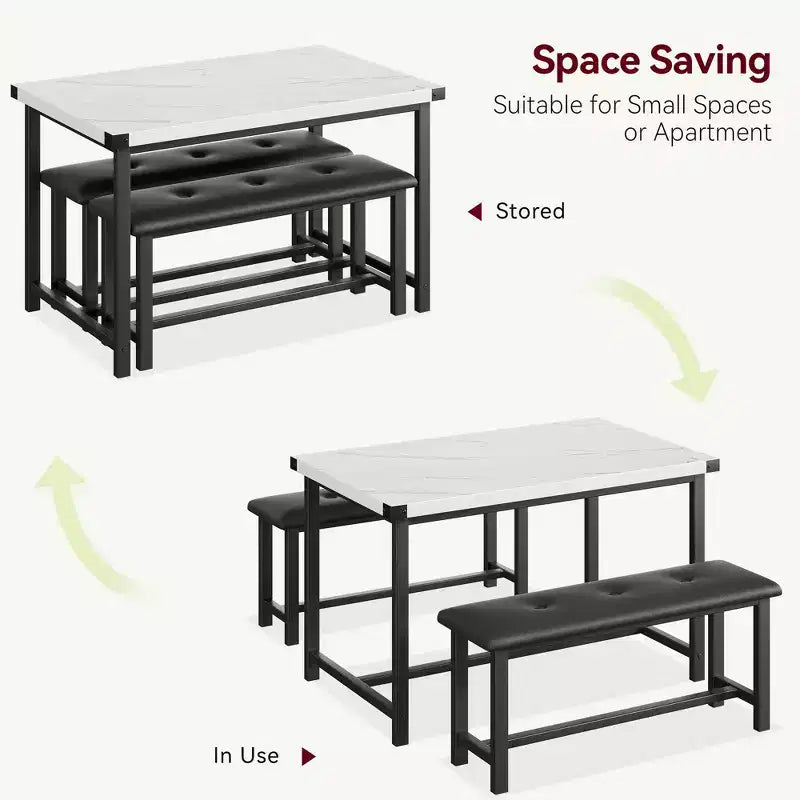 Kitchen Table Set with 2 Upholstered Benches for 4, Dining Room Metal and Wood Rectangular Table Set for Small Space, Apartment