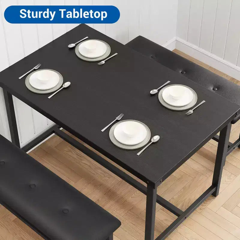 Kitchen Table Set with 2 Upholstered Benches for 4, Dining Room Metal and Wood Rectangular Table Set for Small Space, Apartment