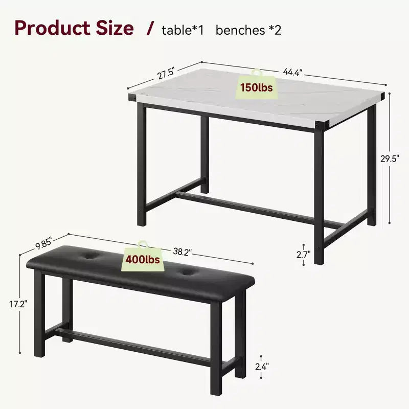 Kitchen Table Set with 2 Upholstered Benches for 4, Dining Room Metal and Wood Rectangular Table Set for Small Space, Apartment