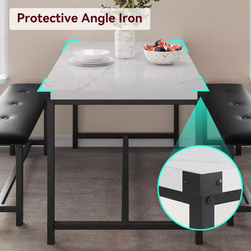 Kitchen Table Set with 2 Upholstered Benches for 4, Dining Room Metal and Wood Rectangular Table Set for Small Space, Apartment