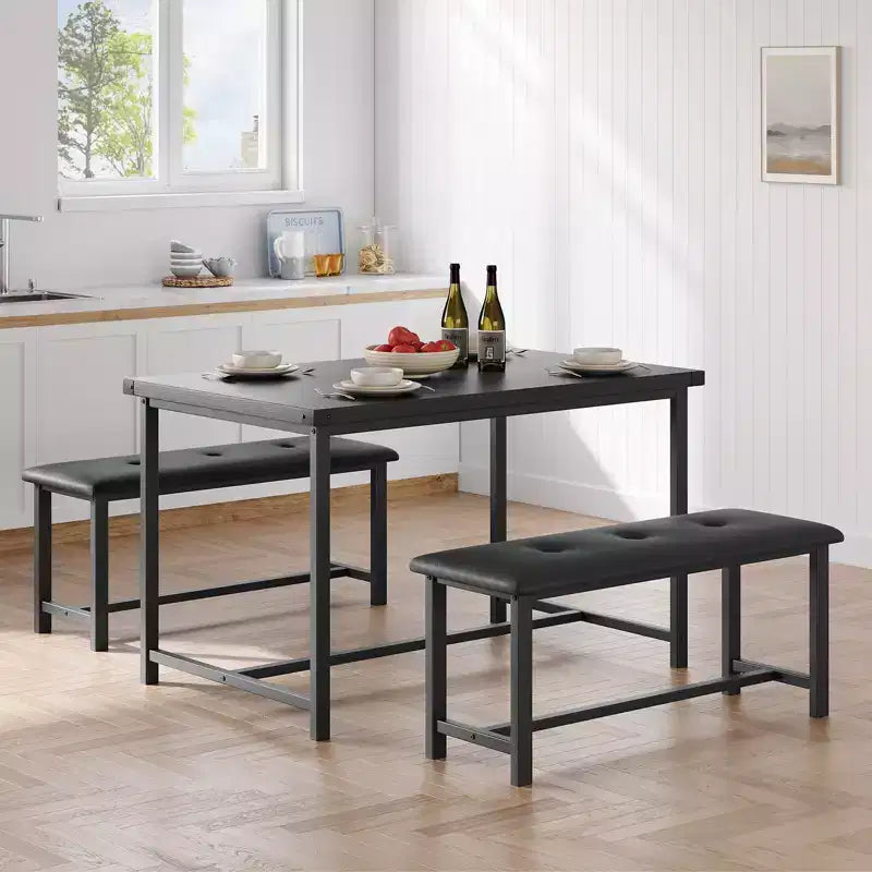 Kitchen Table Set with 2 Upholstered Benches for 4, Dining Room Metal and Wood Rectangular Table Set for Small Space, Apartment