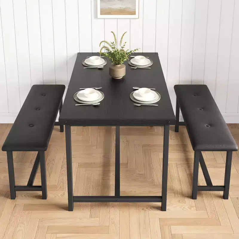 Kitchen Table Set with 2 Upholstered Benches for 4, Dining Room Metal and Wood Rectangular Table Set for Small Space, Apartment