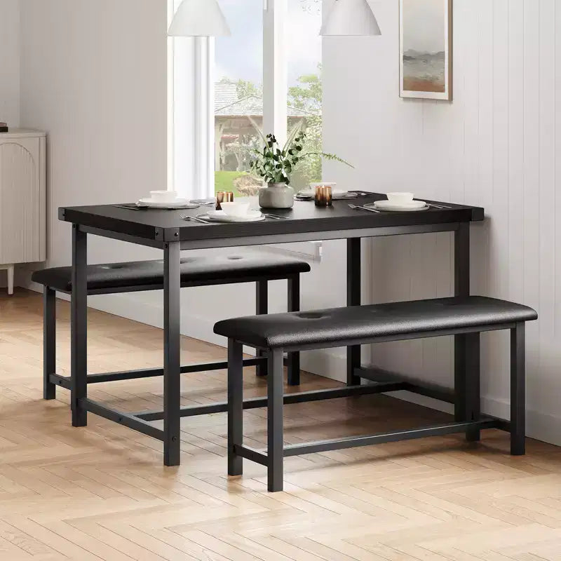 Kitchen Table Set with 2 Upholstered Benches for 4, Dining Room Metal and Wood Rectangular Table Set for Small Space, Apartment
