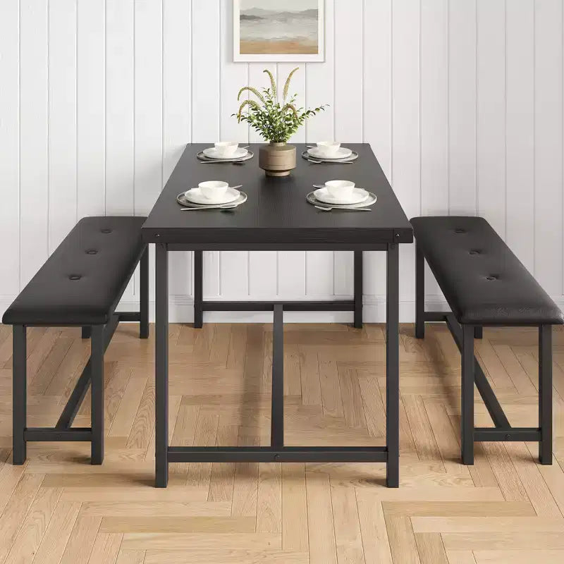 Kitchen Table Set with 2 Upholstered Benches for 4, Dining Room Metal and Wood Rectangular Table Set for Small Space, Apartment
