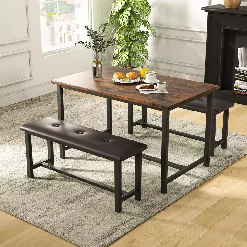 Kitchen Table Set with 2 Upholstered Benches for 4, Dining Room Metal and Wood Rectangular Table Set for Small Space, Apartment