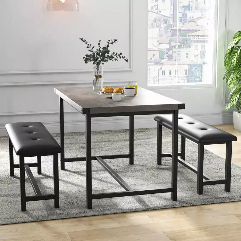 Kitchen Table Set with 2 Upholstered Benches for 4, Dining Room Metal and Wood Rectangular Table Set for Small Space, Apartment