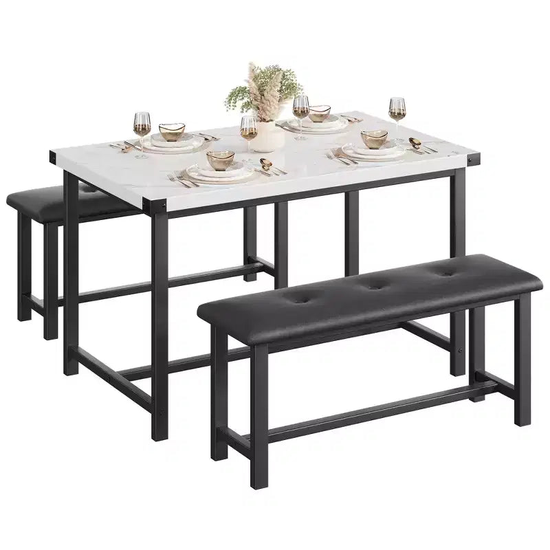 Kitchen Table Set with 2 Upholstered Benches for 4, Dining Room Metal and Wood Rectangular Table Set for Small Space, Apartment