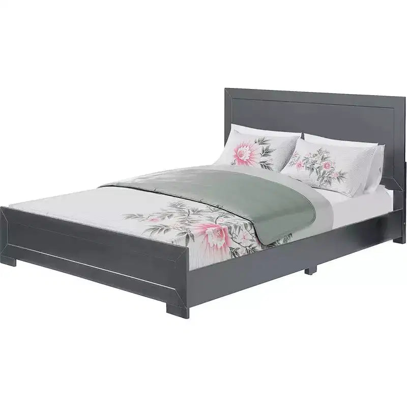 HomeRoots Gray Inlaid Panels Wood King Bed Frame