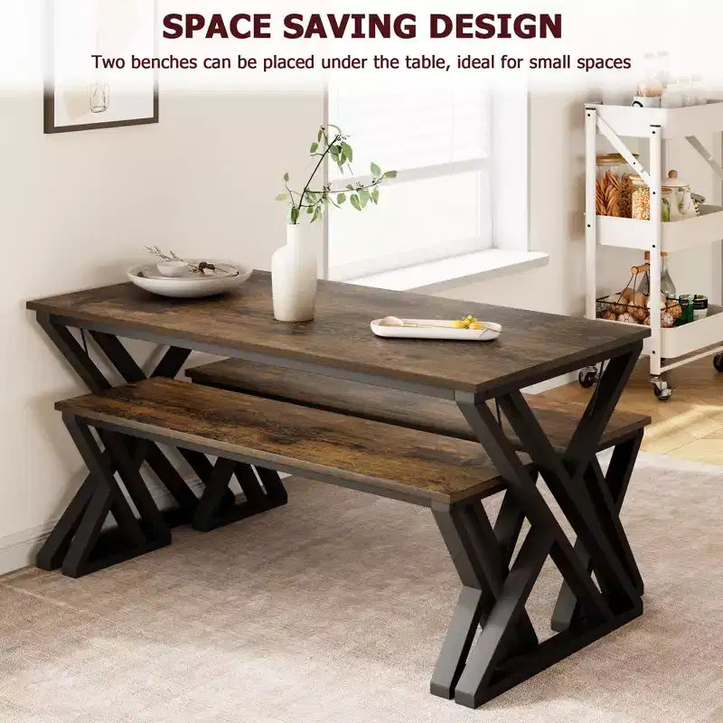 Dining Table Set with Benches,Kitchen Table Set for 4,Sturdy Metal Frame,Saving Space Dining Room Table Set for Apartment,Kitchen,Dining Room