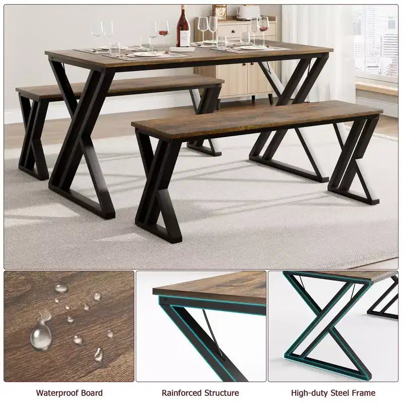 Dining Table Set with Benches,Kitchen Table Set for 4,Sturdy Metal Frame,Saving Space Dining Room Table Set for Apartment,Kitchen,Dining Room