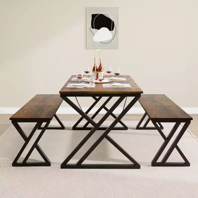 Dining Table Set with Benches,Kitchen Table Set for 4,Sturdy Metal Frame,Saving Space Dining Room Table Set for Apartment,Kitchen,Dining Room