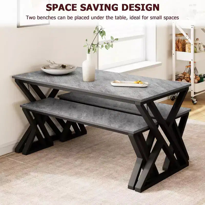Dining Table Set with Benches,Kitchen Table Set for 4,Sturdy Metal Frame,Saving Space Dining Room Table Set for Apartment,Kitchen,Dining Room