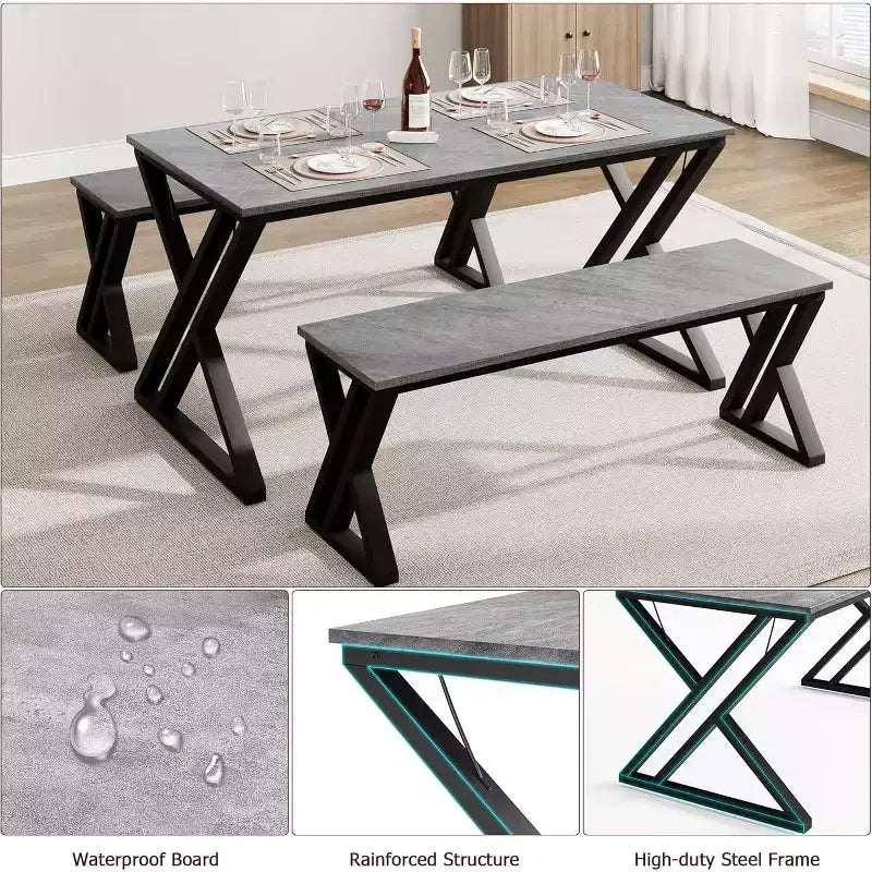 Dining Table Set with Benches,Kitchen Table Set for 4,Sturdy Metal Frame,Saving Space Dining Room Table Set for Apartment,Kitchen,Dining Room