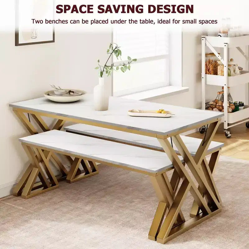 Dining Table Set with Benches,Kitchen Table Set for 4,Sturdy Metal Frame,Saving Space Dining Room Table Set for Apartment,Kitchen,Dining Room
