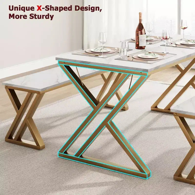 Dining Table Set with Benches,Kitchen Table Set for 4,Sturdy Metal Frame,Saving Space Dining Room Table Set for Apartment,Kitchen,Dining Room