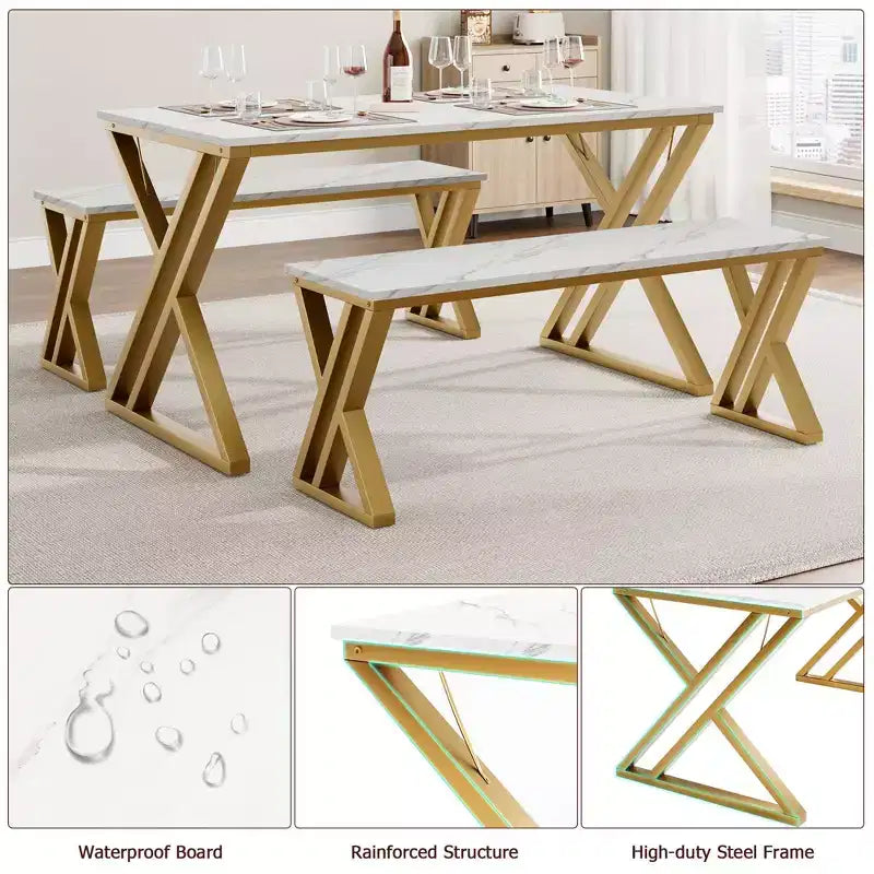 Dining Table Set with Benches,Kitchen Table Set for 4,Sturdy Metal Frame,Saving Space Dining Room Table Set for Apartment,Kitchen,Dining Room