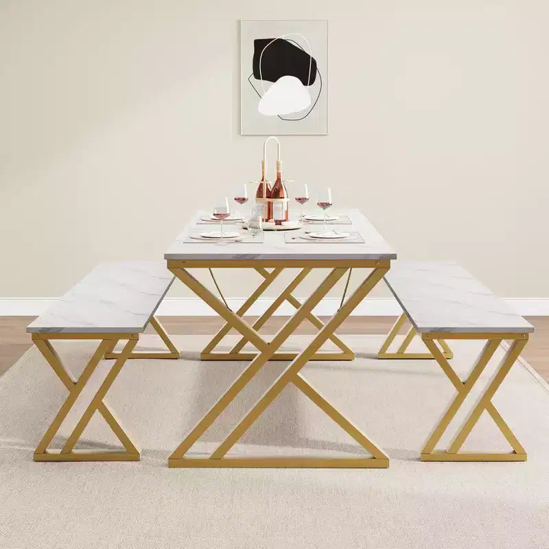 Dining Table Set with Benches,Kitchen Table Set for 4,Sturdy Metal Frame,Saving Space Dining Room Table Set for Apartment,Kitchen,Dining Room